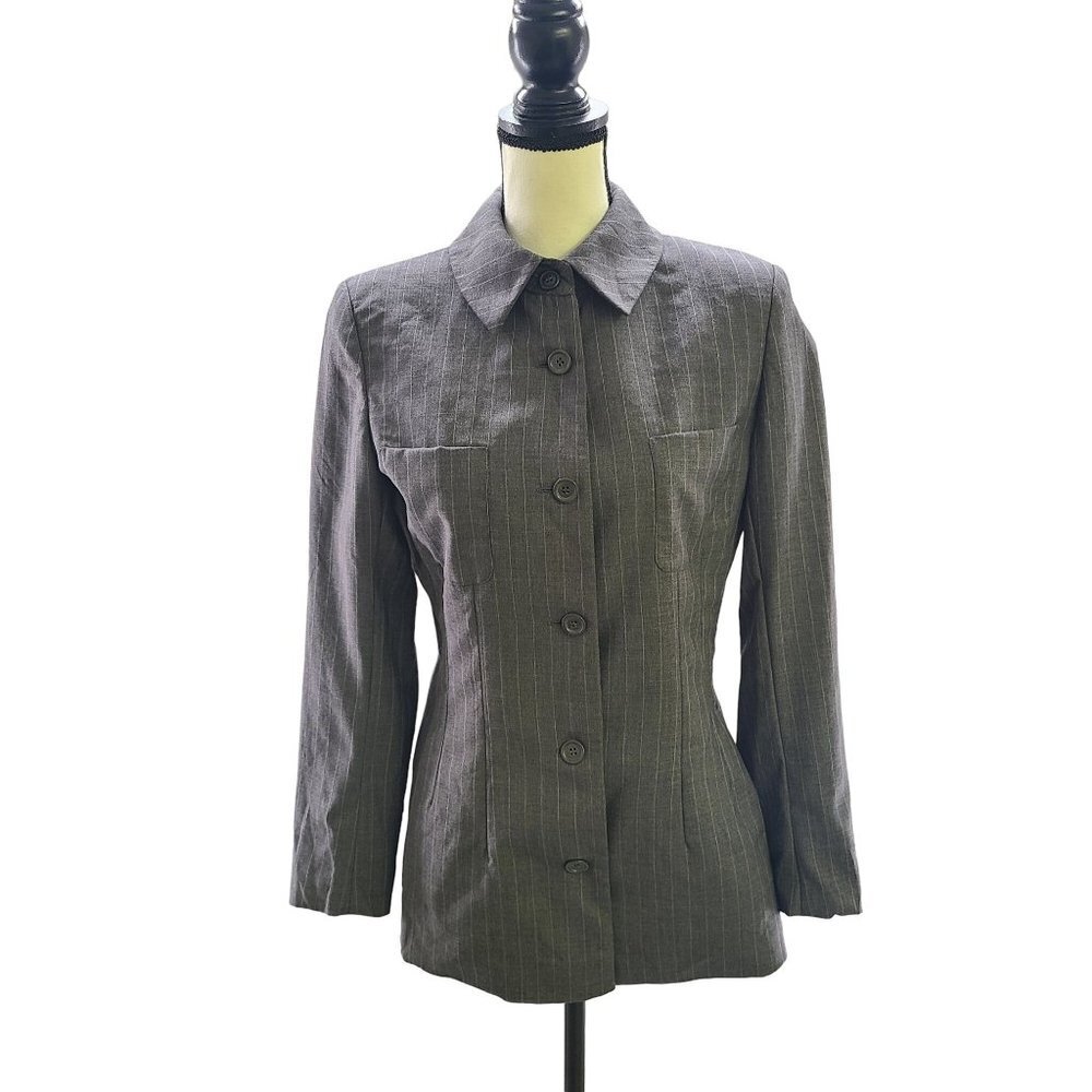 Studio Milano Made In Italy 100% Wool‎ Gray Pinstriped Blazer Jacket Womens Sz 8